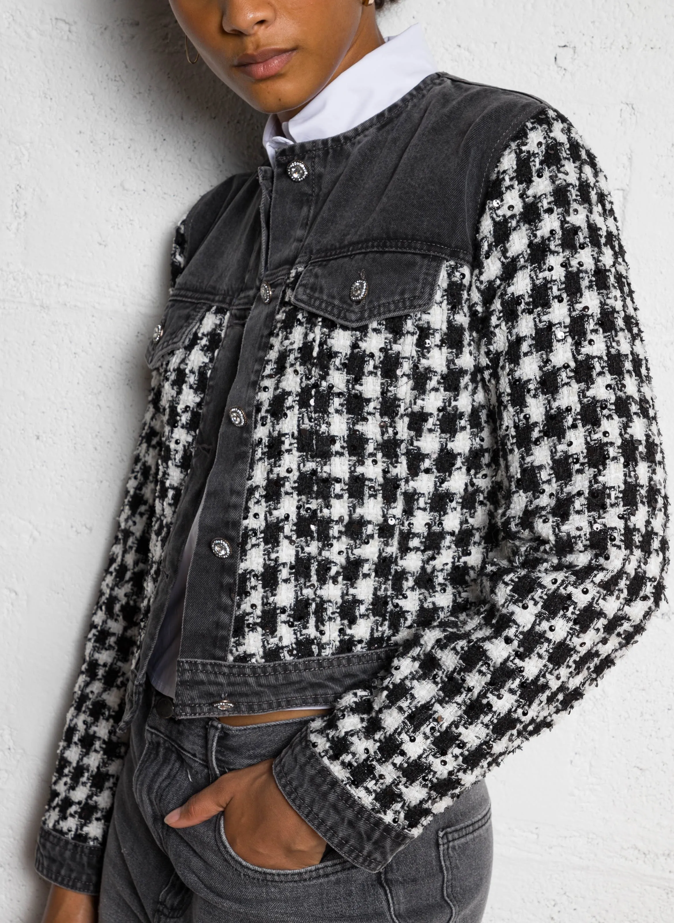LIU JO Chaqueta recta de tweed con cuello redondo en negro